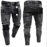 Men's Jeans Skinny Hip Hop Cool Streetwear Biker Embroidery Patch Hole Ripped Zipper Jeans Slim Mens Clothes Pencil Homme Jeans